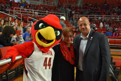 Big Red, Anita Frand and Norman Bellard 2019 Men & Women's Basketball Tip-Off  5,000 BISD students, teachers, and administrators came out to cheer on the cardinals!