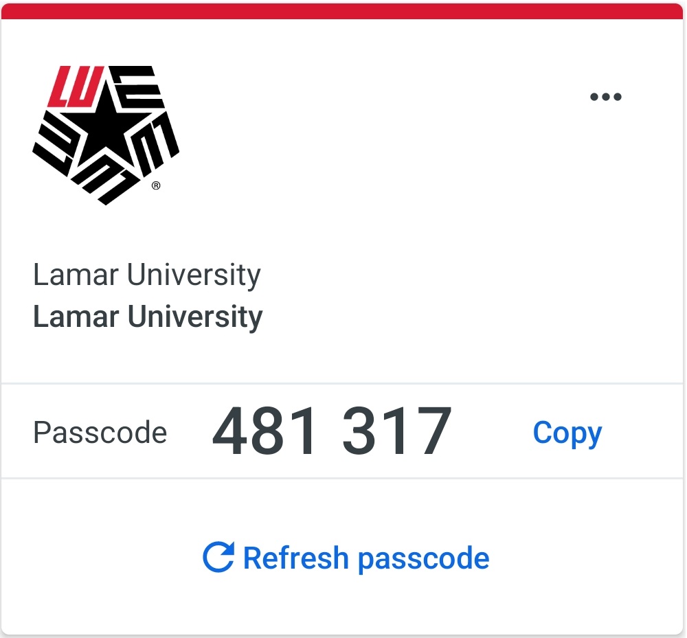 LU logo on an older Duo Mobile app showing a passcode without a expiration timer.