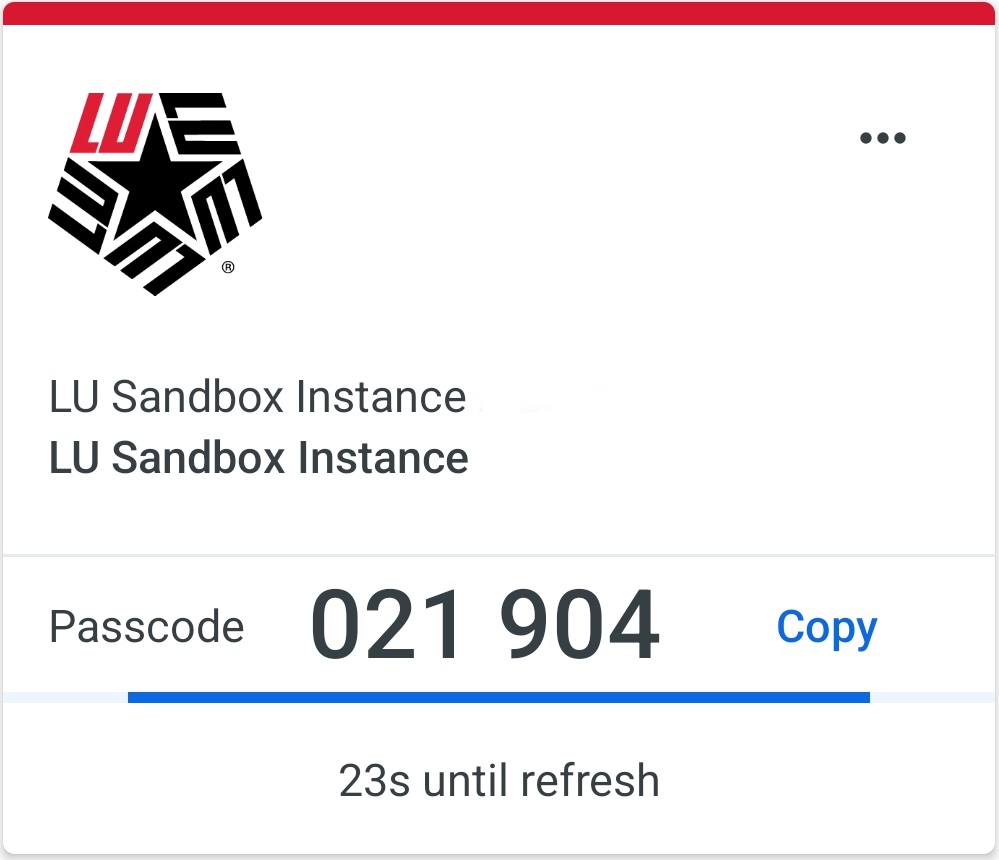 LU logo on a current Duo Mobile showing a passcode with an expiration timer..