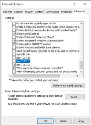 TLS settings for Internet Explorer